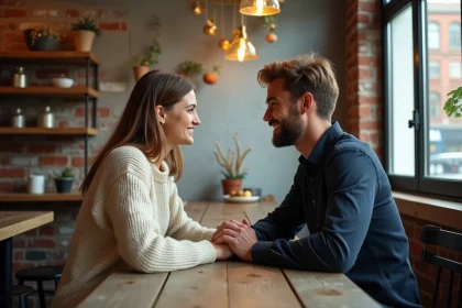 Deux flammes jumelles assises face à face dans un café, les mains presque jointes, regards connectés symbolisant la loi de l'attraction et la rencontre des âmes