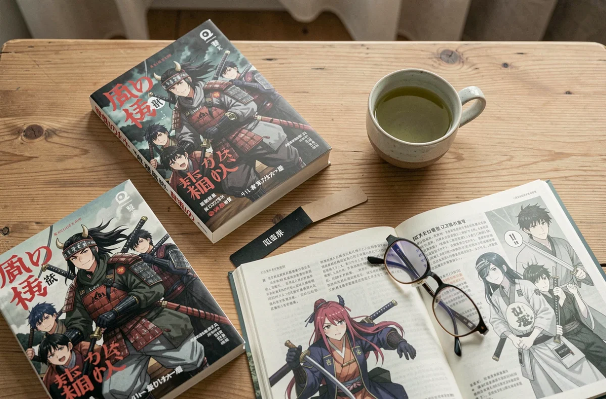 Flat lay de volumes de manga Demon Slayer sur une table en bois avec une tasse de thé vert et des accessoires de lecture