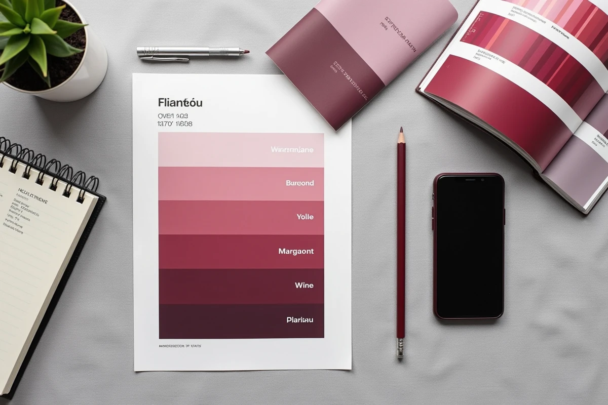Flat lay de références couleur bordeaux en anglais avec swatches Pantone et notes de design web sur lin gris