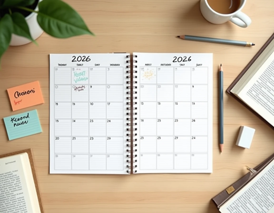 Vue de dessus d'un calendrier 2026 annoté avec des mots du jour Codycross entouré de fournitures de bureau