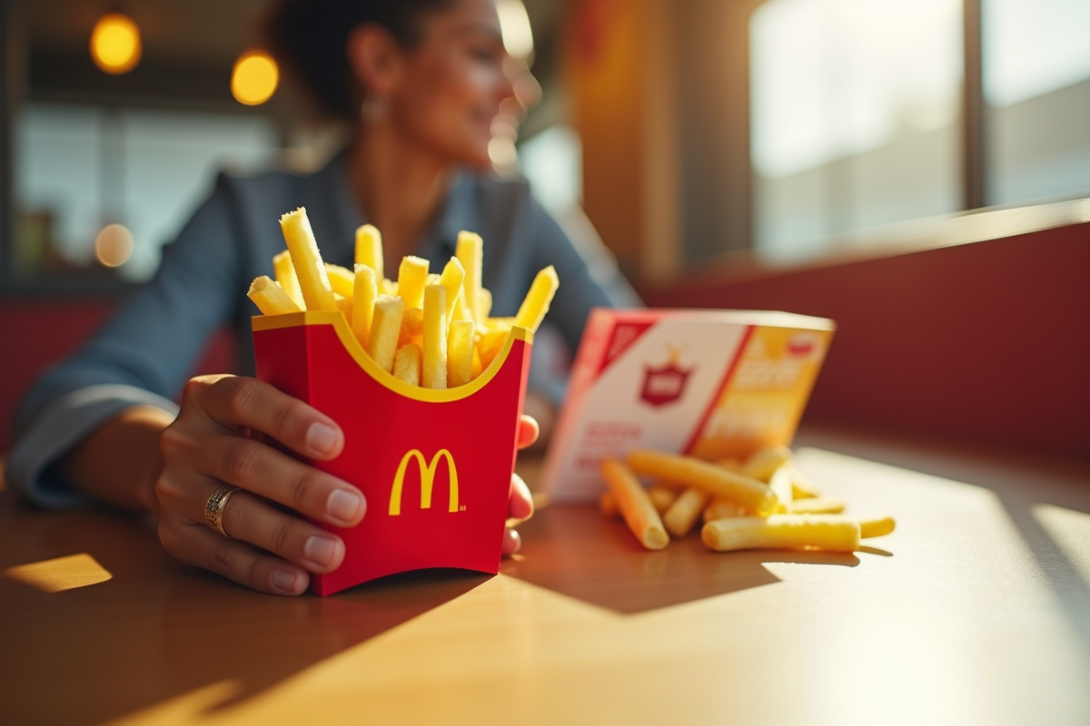 Gros plan mains tenant frites et chèques vacances sur table McDonald