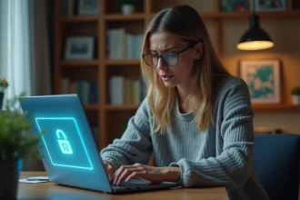 Femme inquiète devant son ordinateur face à une alerte de fuite de données en ligne