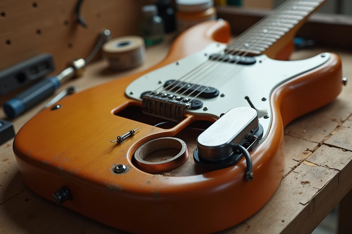 Gros plan d'un micro Samarium Cobalt Noiseless démonté sur un établi de luthier avec des outils de réglage