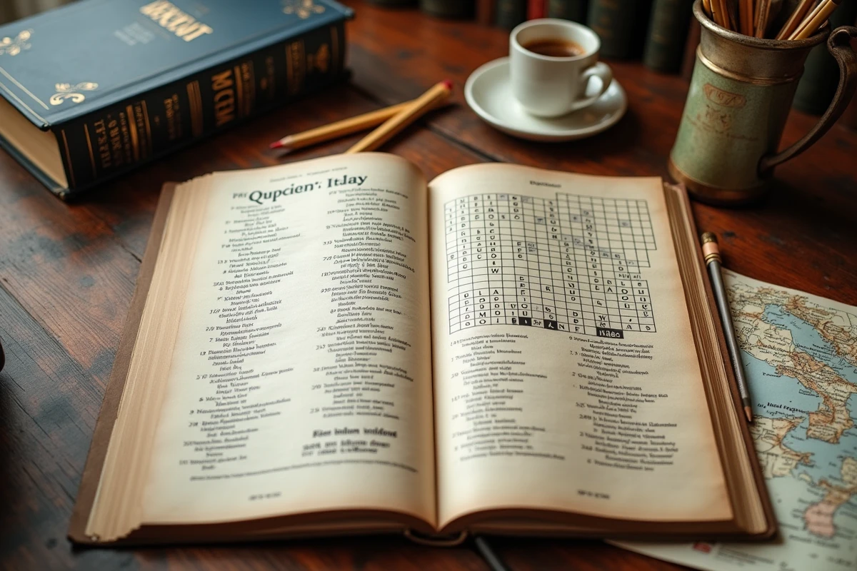 Gros plan sur des mots fléchés de villes italiennes avec guide de voyage et carte d'Italie sur bureau en bois