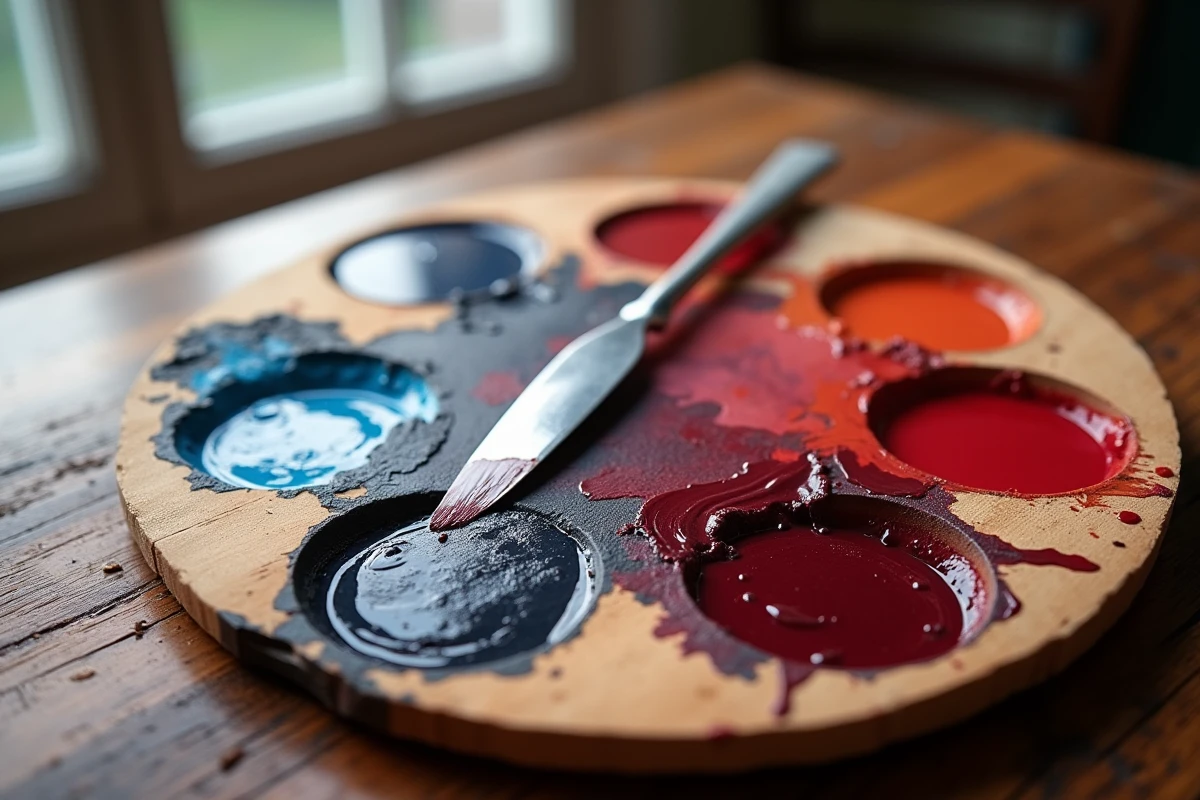 Gros plan d'une palette de peinture en bois avec des mélanges de couleurs progressifs pour créer du bordeaux avec peu de teintes