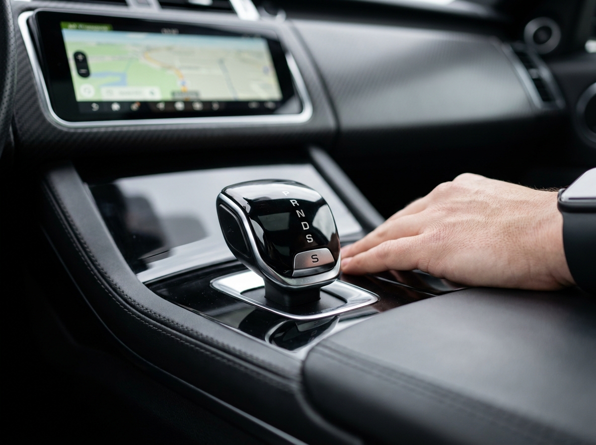 Gros plan sur le sélecteur de boîte automatique d'un SUV moderne avec les positions P R N D bien lisibles