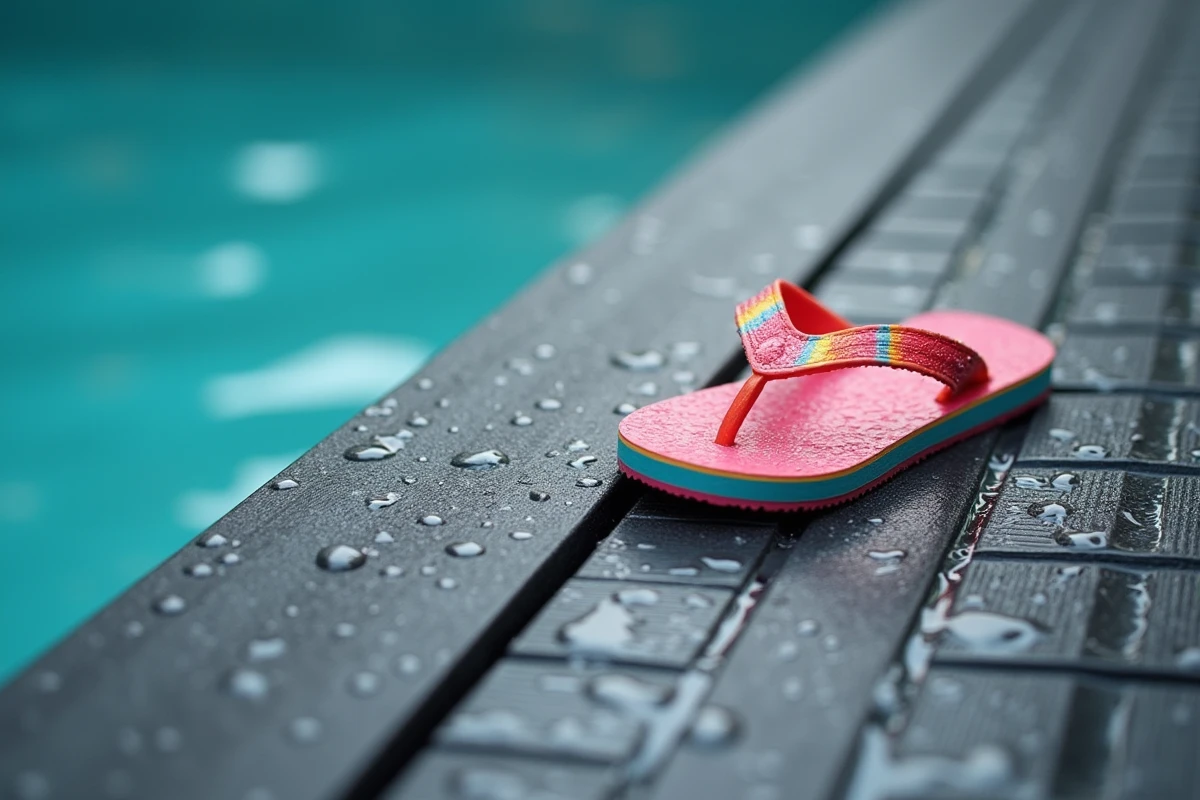 Gros plan sur une surface antidérapante composite mouillée autour d'une piscine extérieure