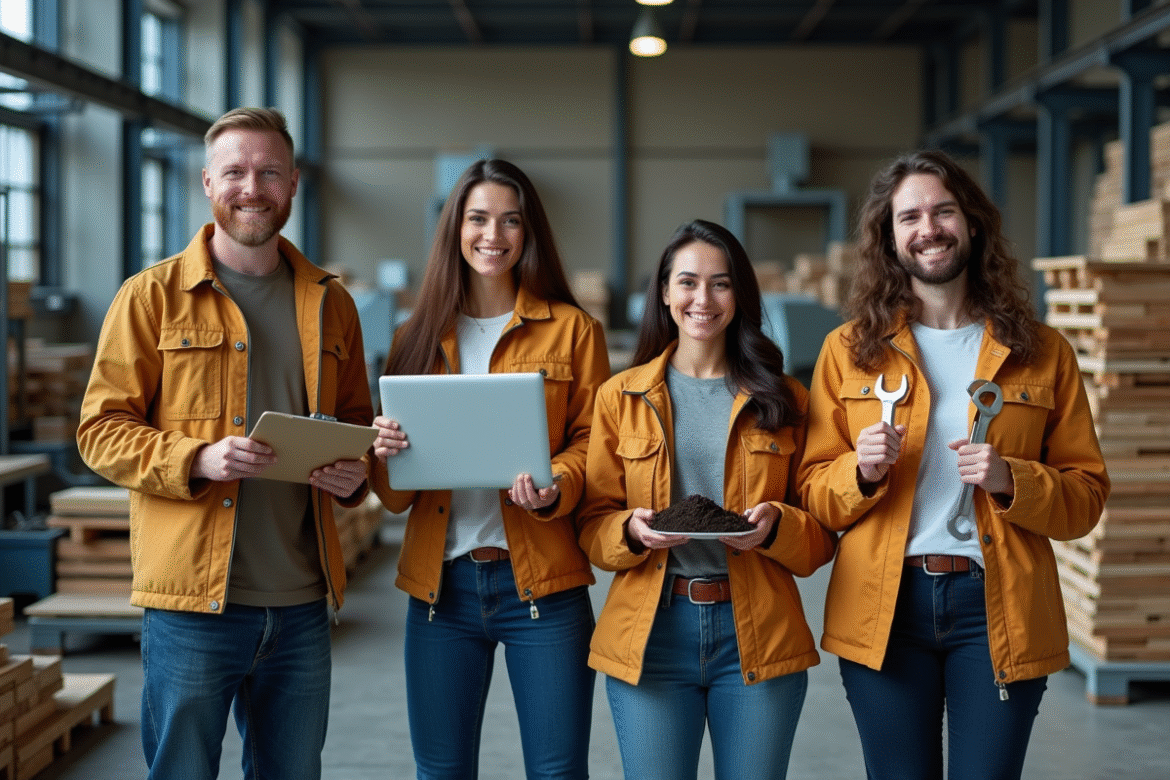 Quatre adultes dans un atelier industriel avec machinerie