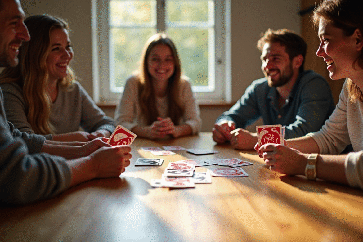 Groupe d'amis jouant à River Uno autour d'une table