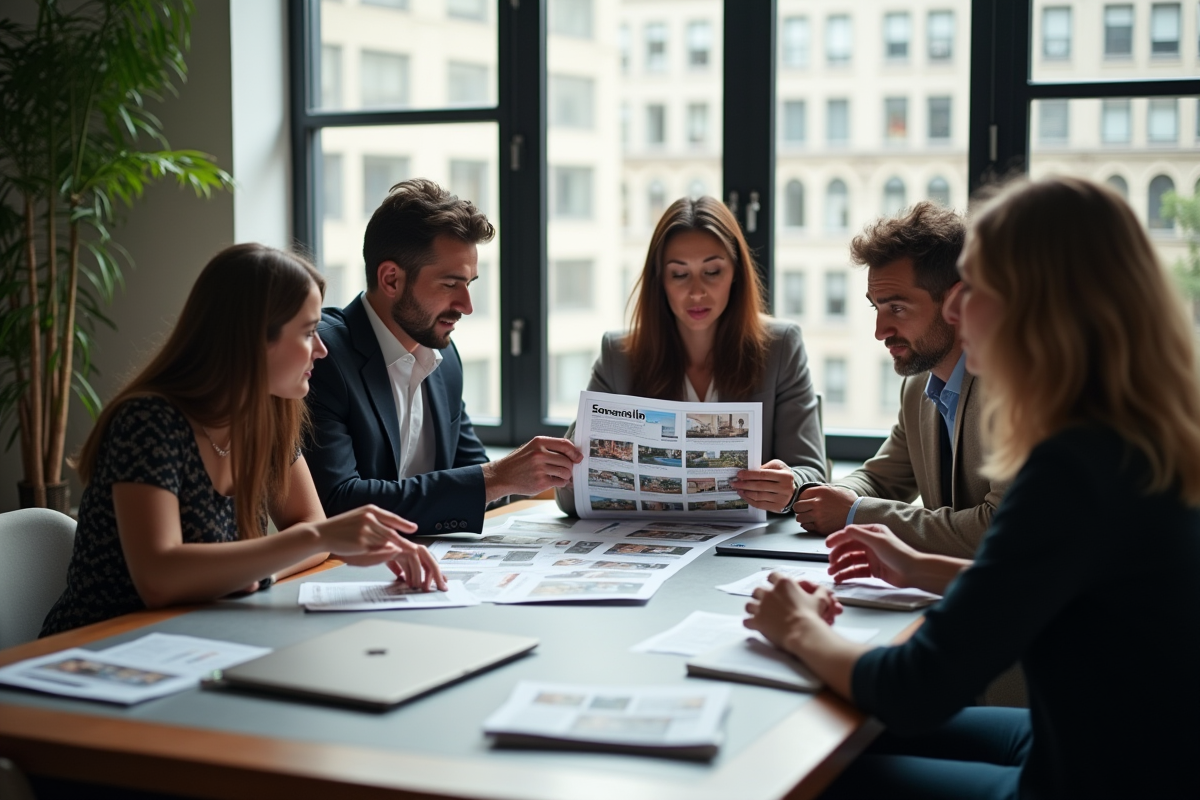 Groupe de personnes comparant des annonces immobilières imprimées