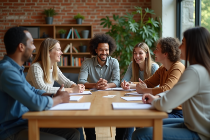 Groupe diversifié en discussion dans un centre communautaire