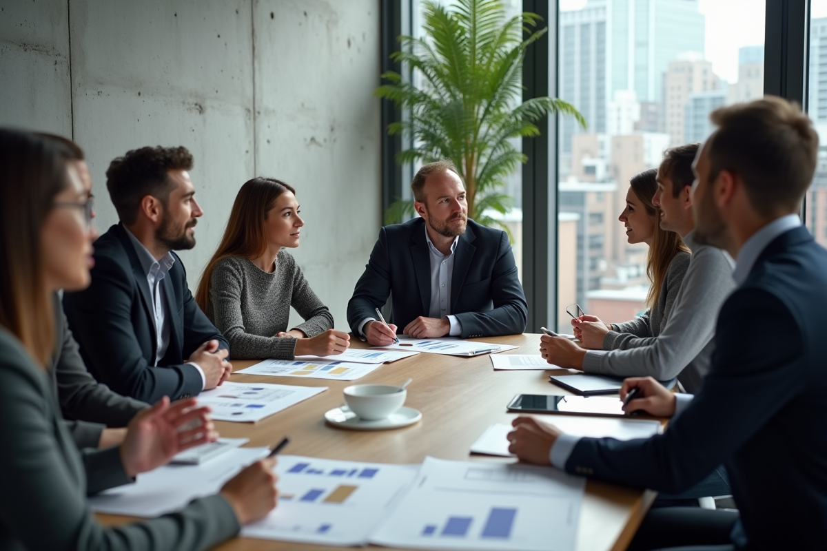 Groupe diversifié en réunion avec graphiques financiers