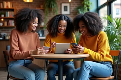 Jeunes adultes créant des memes dans un café convivial