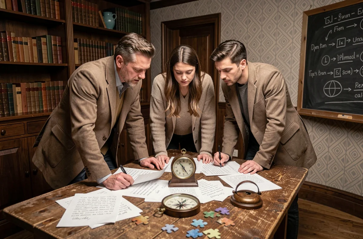 Groupe de joueurs adultes collaborant autour d'indices et puzzles dans une salle d'escape game de style victorien