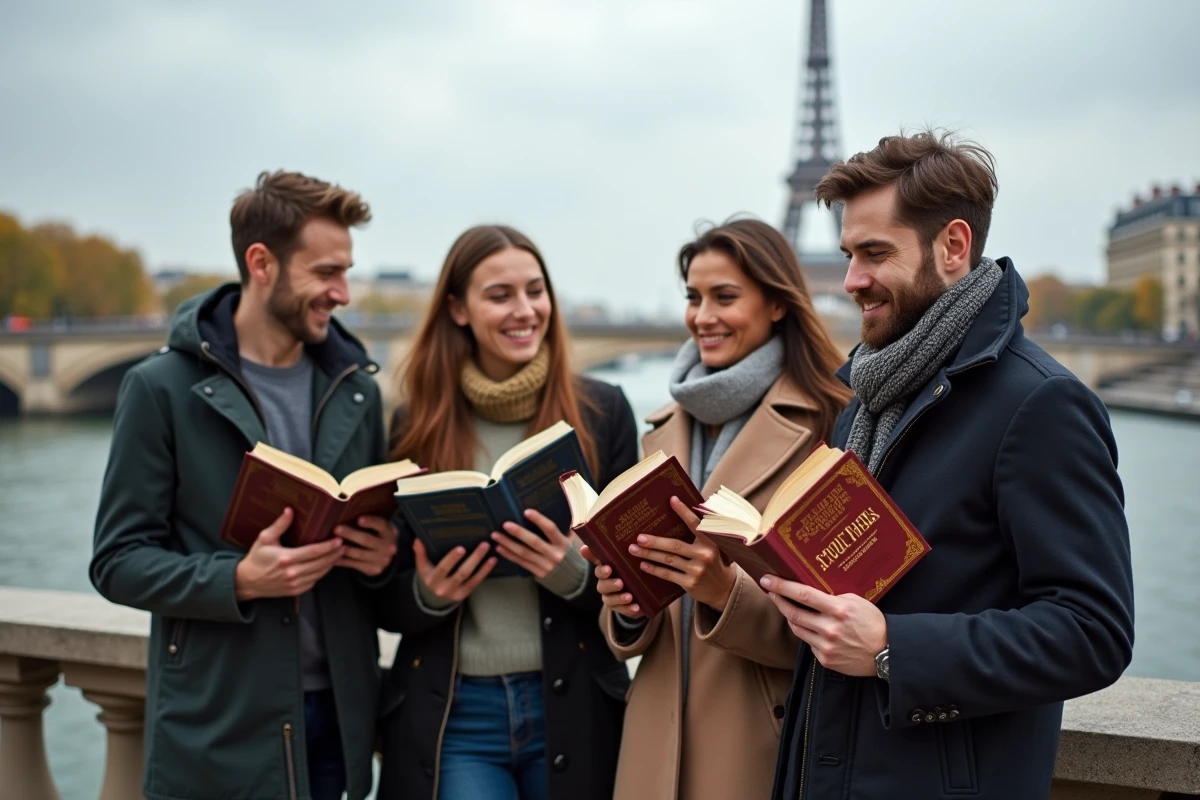 Groupe de lecteurs discutant de fantasy sur les quais de la Seine