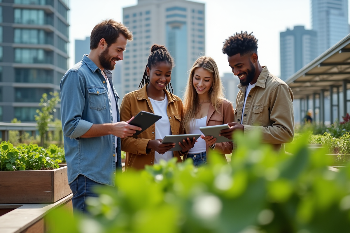 Groupe diversifié de jeunes dans un jardin urbain sur un toit