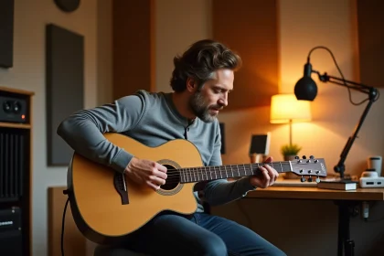 Musicien jouant une guitare acoustique Atlantic dans un home studio équipé de panneaux acoustiques et d'une interface audio