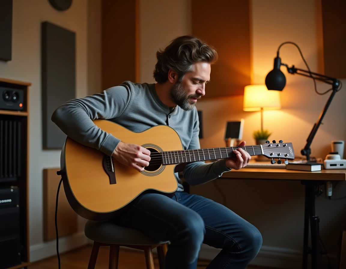 Musicien jouant une guitare acoustique Atlantic dans un home studio équipé de panneaux acoustiques et d'une interface audio
