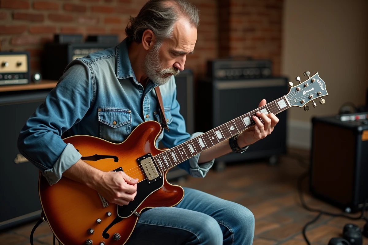 Guitariste jouant une guitare électrique avec micros Samarium Cobalt Noiseless dans un studio d'enregistrement vintage