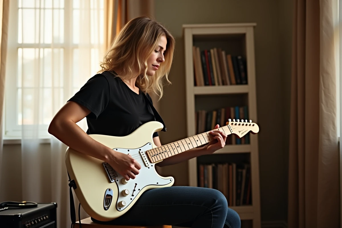 Guitariste évaluant le son de sa Stratocaster équipée de micros Noiseless dans un home studio lumineux