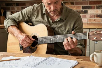 Guitariste adulte travaillant des variations d'accords sur une guitare acoustique avec des partitions manuscrites sur une table en bois