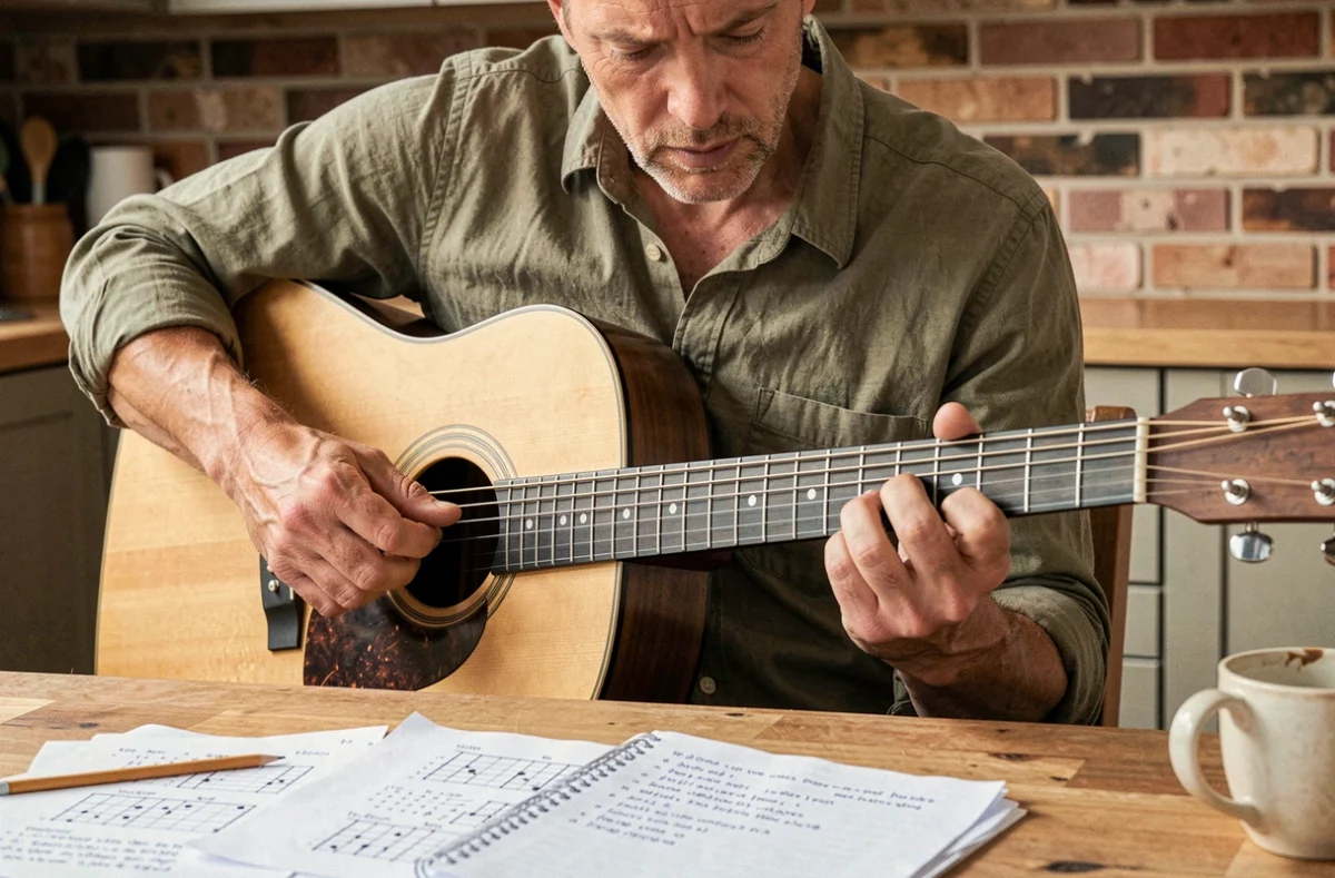 Guitariste adulte travaillant des variations d'accords sur une guitare acoustique avec des partitions manuscrites sur une table en bois