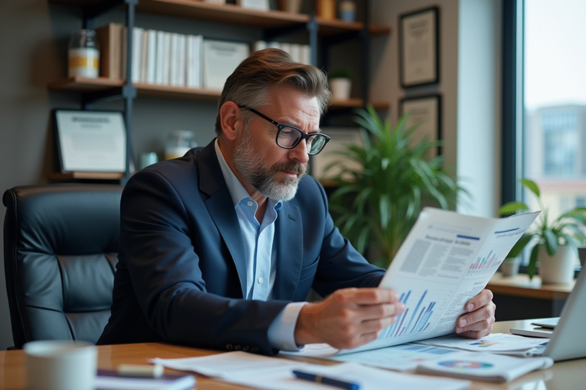 Homme d'affaires en costume bleu lisant un journal économique