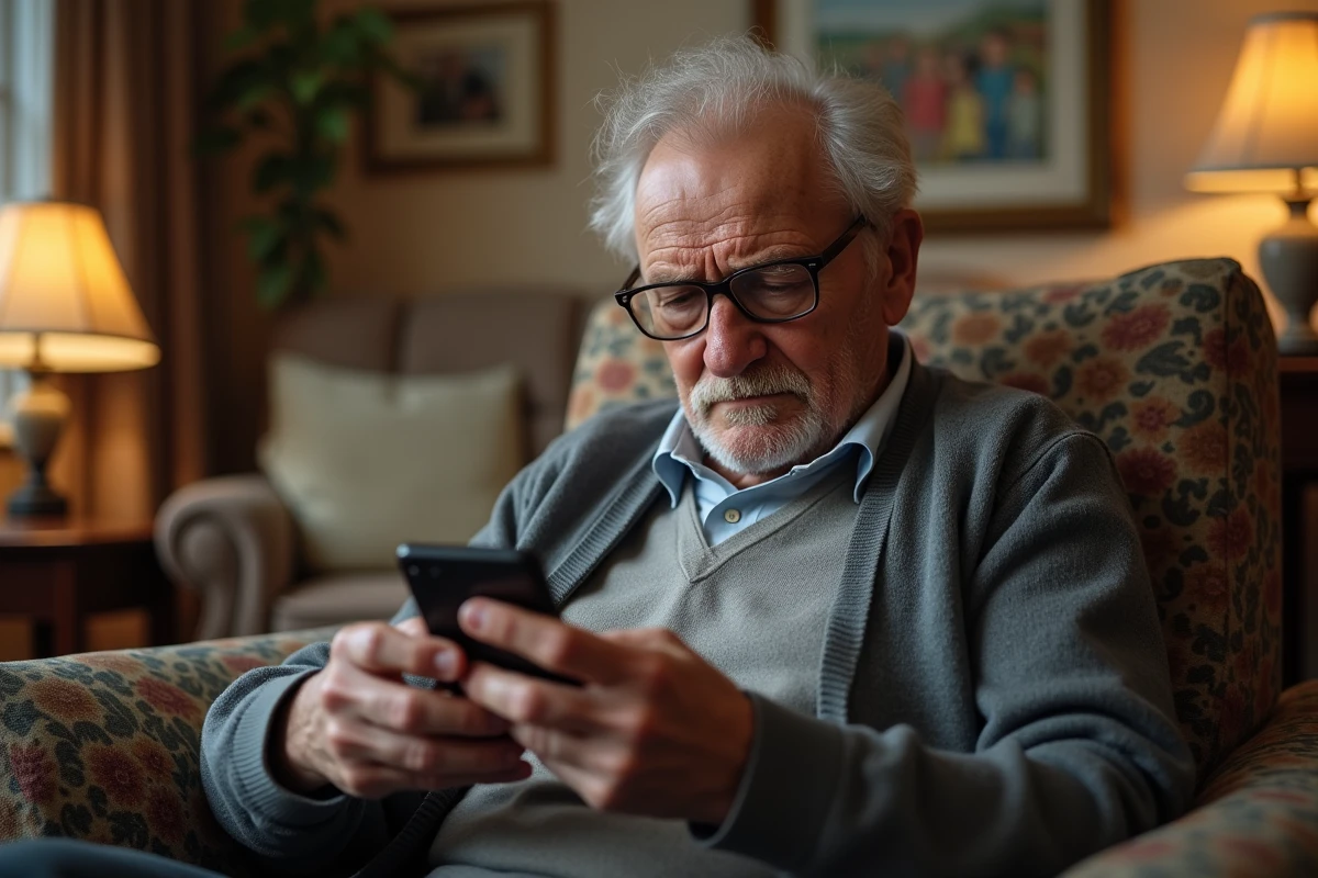 Homme âgé méfiant lisant un SMS d'un numéro inconnu sur son téléphone dans un salon confortable