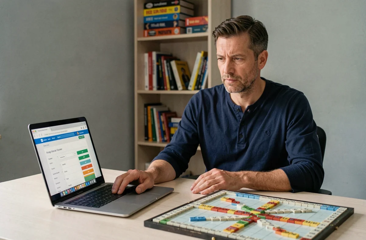 Homme utilisant un anagrammeur en ligne sur ordinateur portable devant un plateau de Scrabble en cours de partie