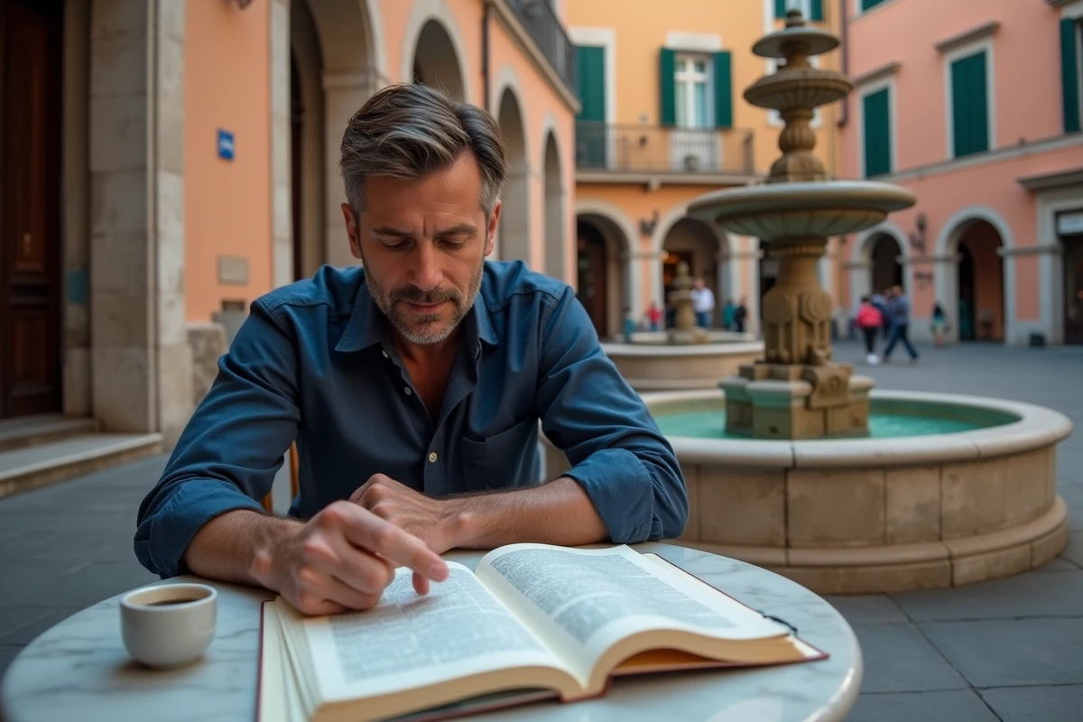 Homme consultant un guide de voyage italien pour trouver une ville en 5 lettres dans ses mots fléchés
