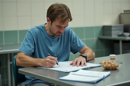 Homme d'âge moyen examine un budget dans une cafetéria