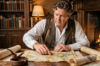 Un homme aux cheveux bouclés examine une carte fantastique ancienne dans un bureau douillet pour planifier sa lecture du Hobbit dans l'ordre