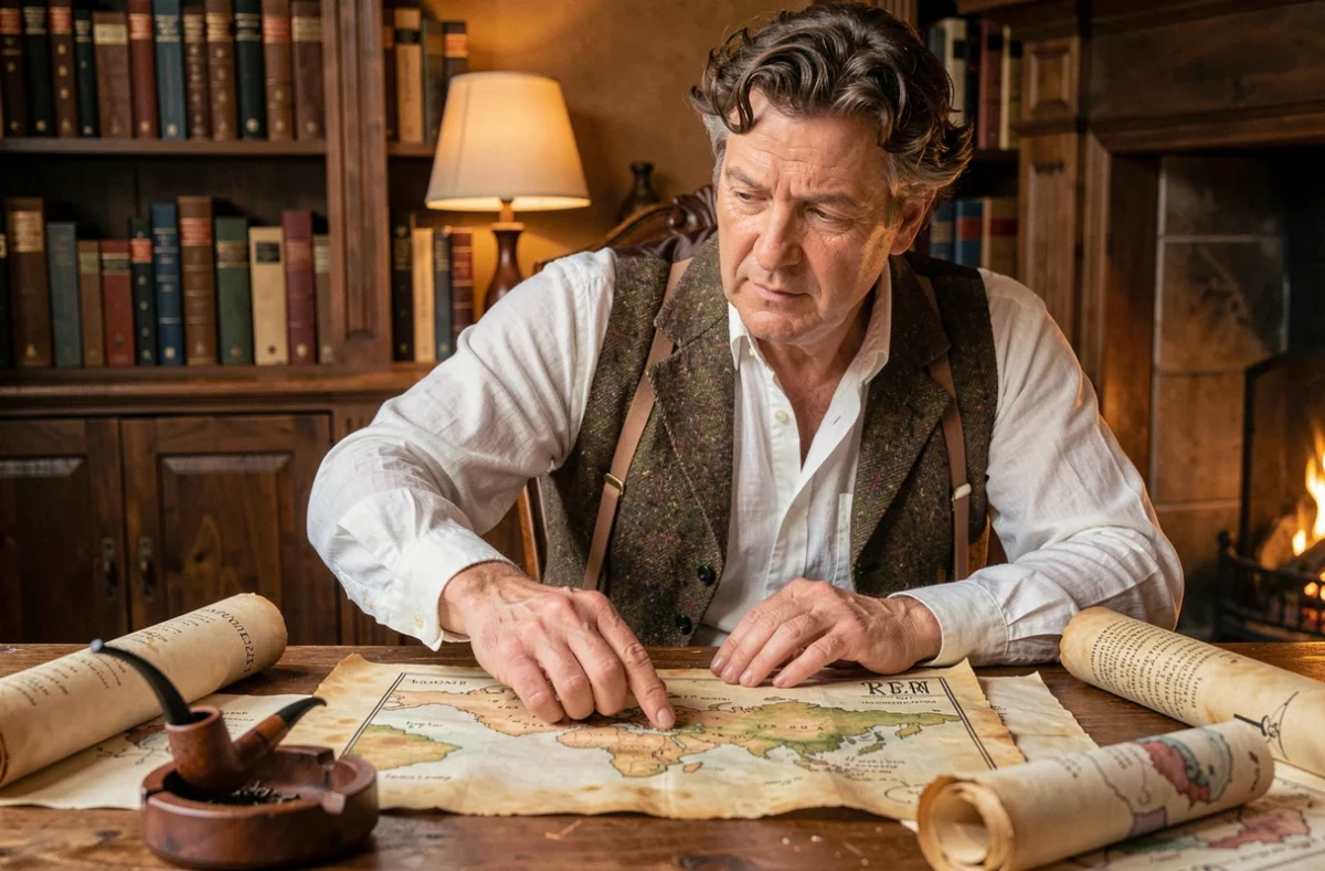 Un homme aux cheveux bouclés examine une carte fantastique ancienne dans un bureau douillet pour planifier sa lecture du Hobbit dans l'ordre