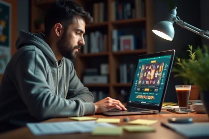 Homme concentré devant un écran de casino en ligne, analysant ses gains et pertes sur la plateforme Maxwin