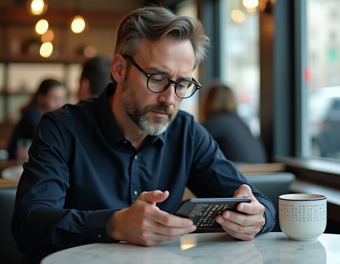 Homme jouant à Codycross sur smartphone à côté d'un calendrier 2026 dans un café