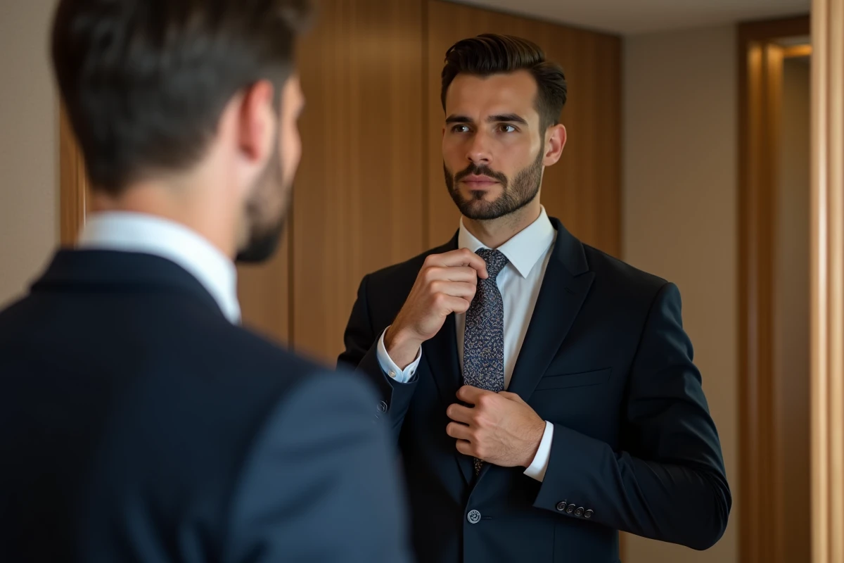 Homme en costume bleu ajustant sa cravate dans un dressing élégant