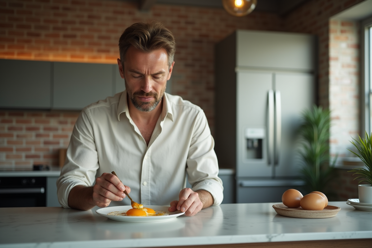 Homme préparant des œufs frits dans une cuisine urbaine