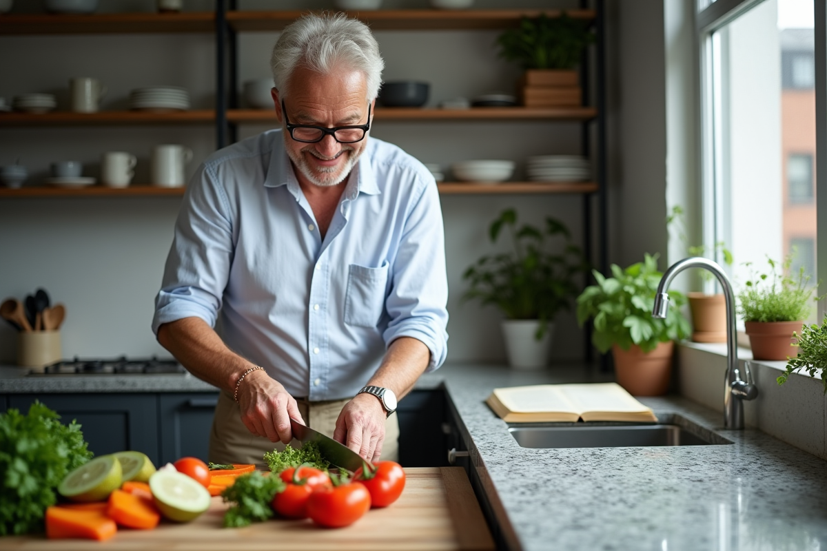 Homme en cuisine préparant des légumes frais
