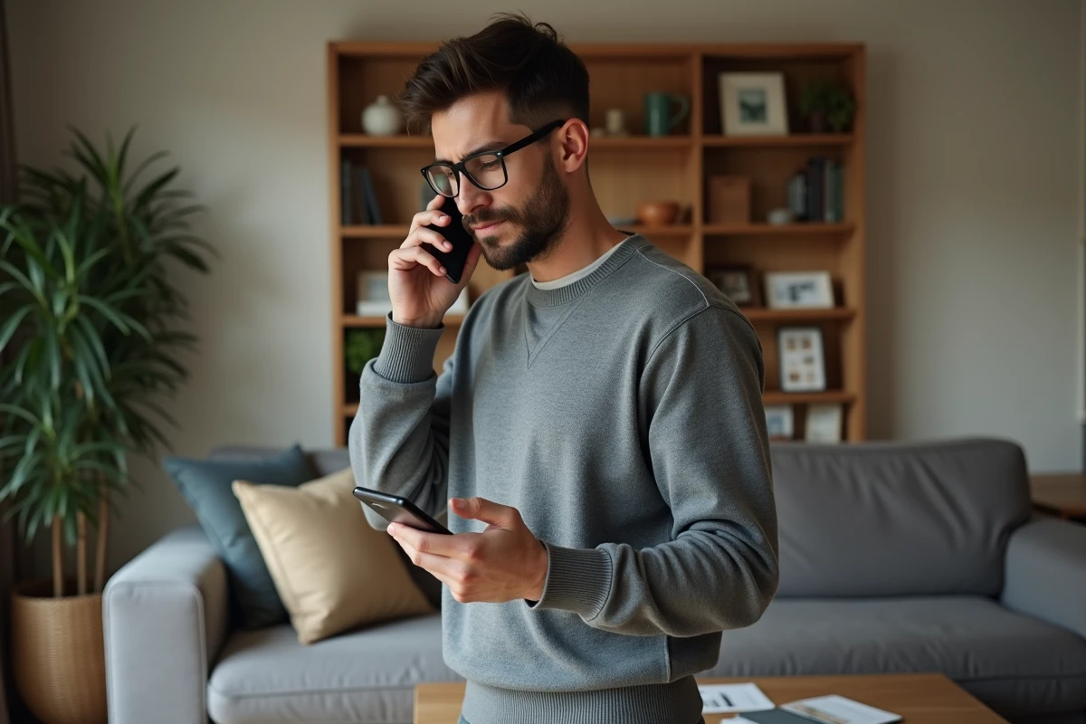 Homme au téléphone dans un salon cosy