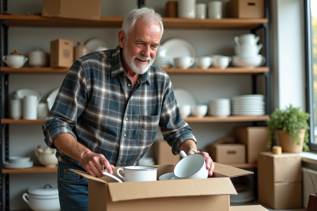 Homme âgé emballant des ustensiles de cuisine dans un centre de dons