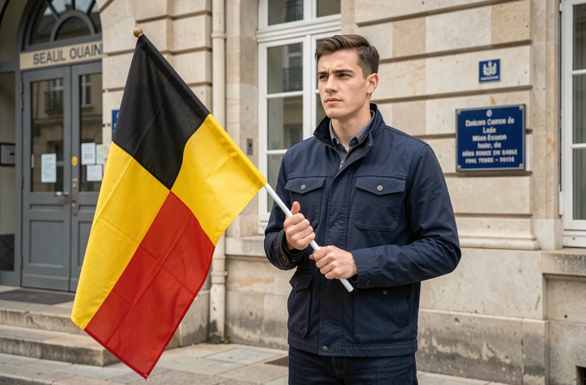 Homme tenant un drapeau belge noir jaune rouge devant une mairie française, contexte légal et citoyen