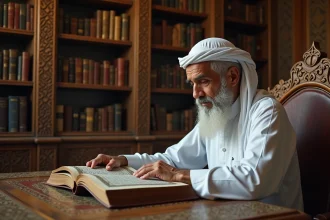 Homme âgé méditant avec un Qur'an dans un study traditionnel