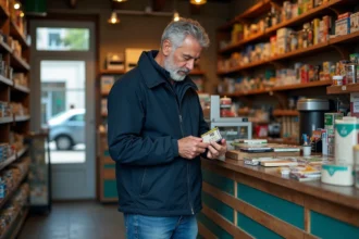 Homme d'âge moyen dans une épicerie française examinant un paquet de tabac