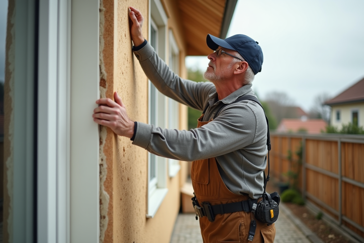 Homme en tenue casual posant avec panneau isolant extérieur