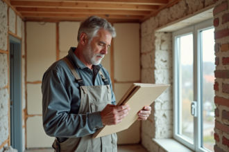 Homme en vêtements décontractés examine l'isolation dans une maison