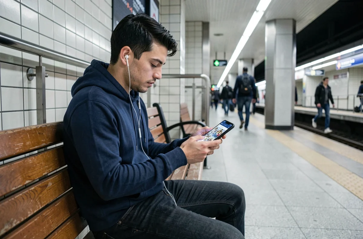Homme lisant des mangas sur mobile dans le métro grâce à Manga orogine