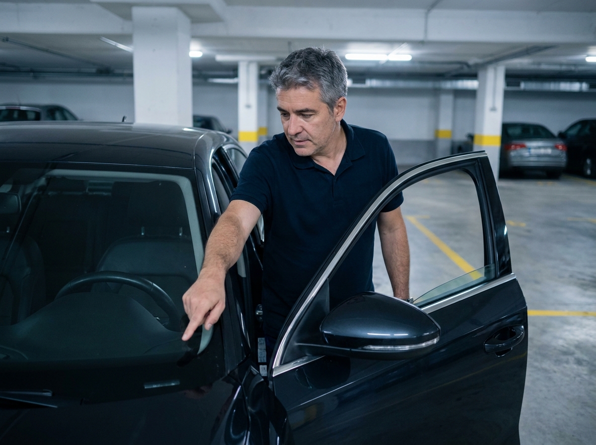 Homme expliquant les positions d'une boîte automatique en désignant le levier de vitesses depuis l'extérieur de la voiture