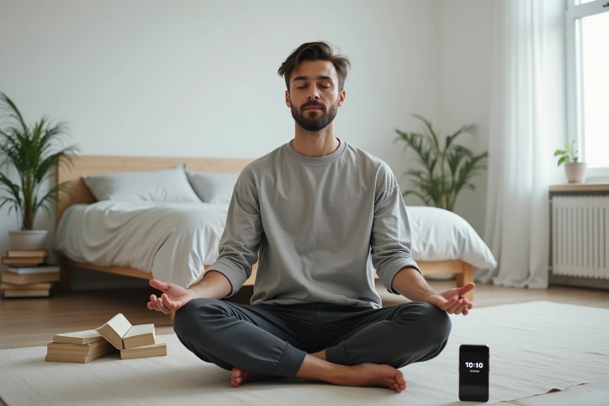 Homme méditant sur le sol de sa chambre avec un smartphone affichant 10h10, en quête de signification spirituelle flamme jumelle