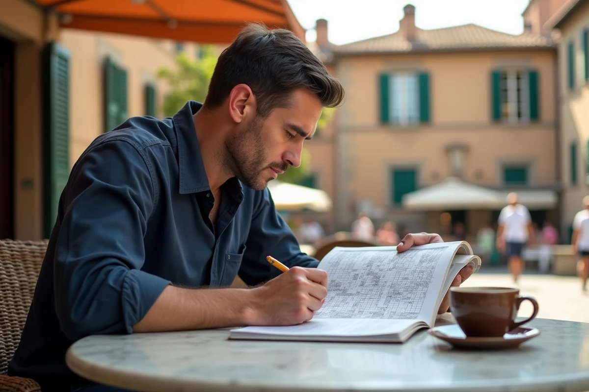 Homme résolvant des mots fléchés de villes italiennes dans un café en plein air avec architecture italienne en fond