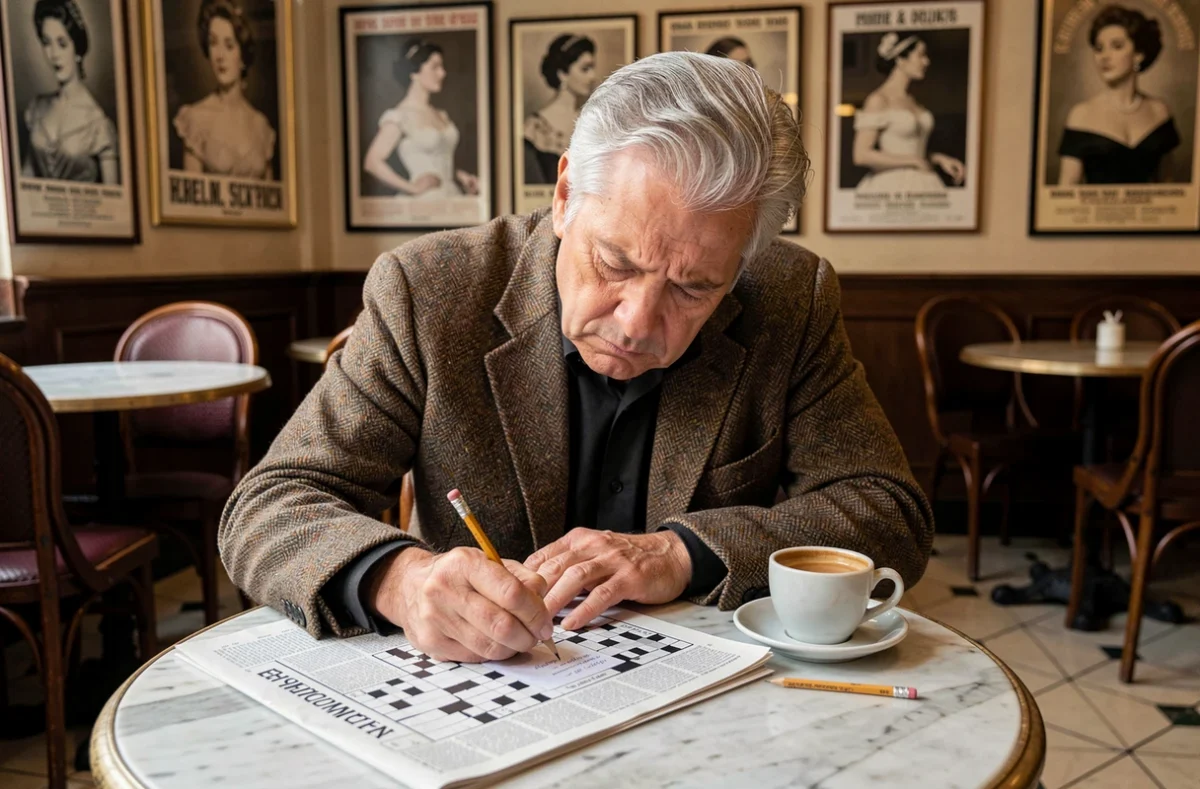 Homme concentré sur des mots fléchés liés aux cantatrices dans un café parisien style vintage